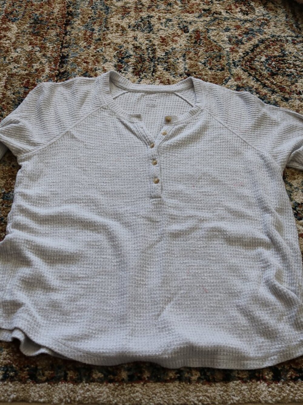American Eagle Outfitters Light Gray Waffle Henley Long Sleeve Tee